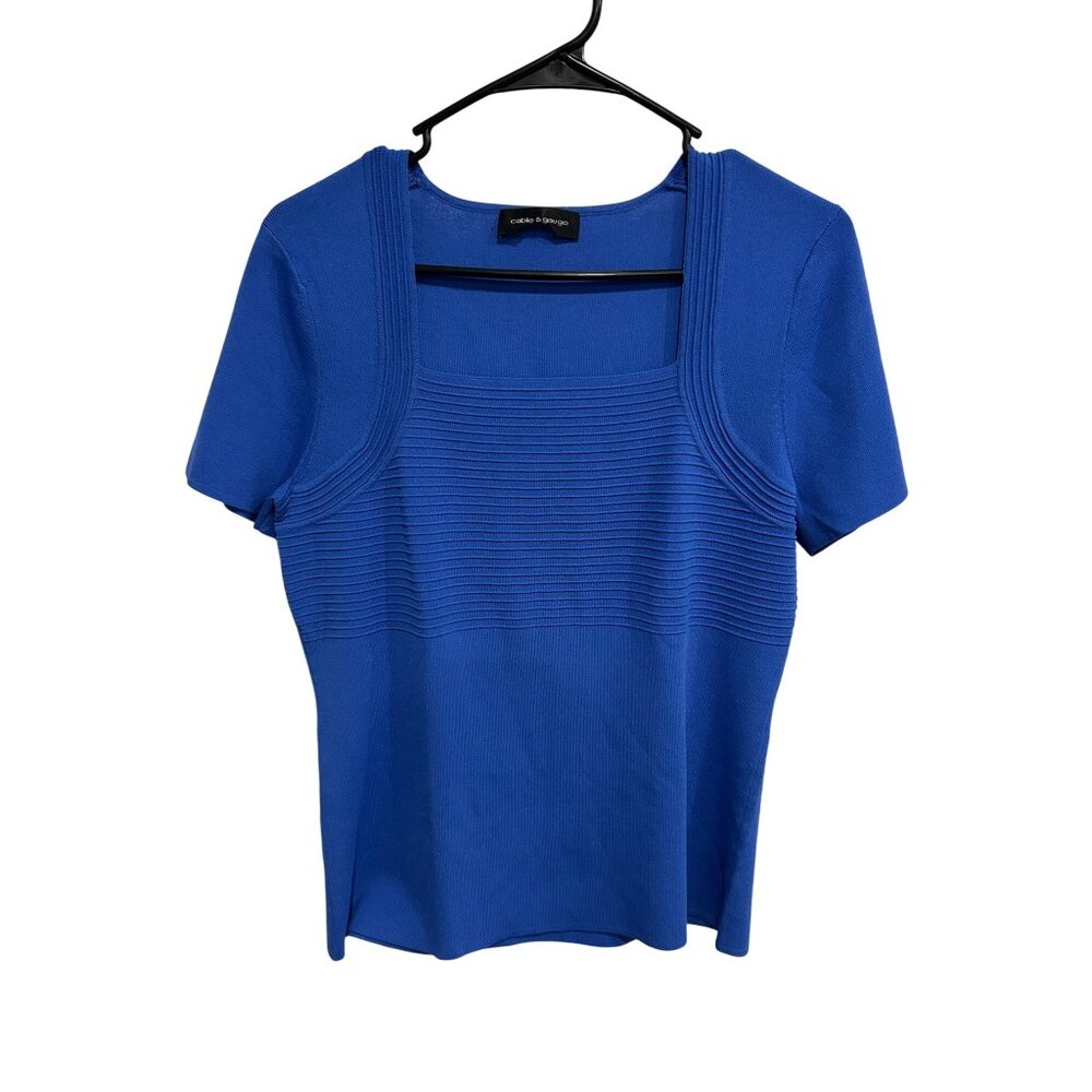 Cable & Gauge Womens Blue Short Sleeve Ribbed Square Neck Knit Top Casual Blouse